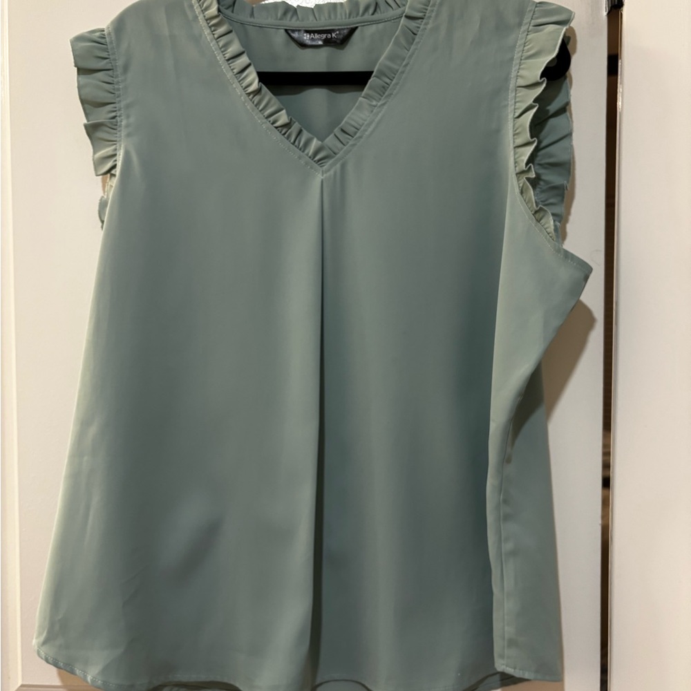 Allegra K Ruffled V-Neck Blouse - Soft Green